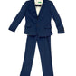 A navy blue blazer and pants suit set for kids, featuring a blazer with a notched collar, long sleeves, and decorative buttons, paired with matching pants.