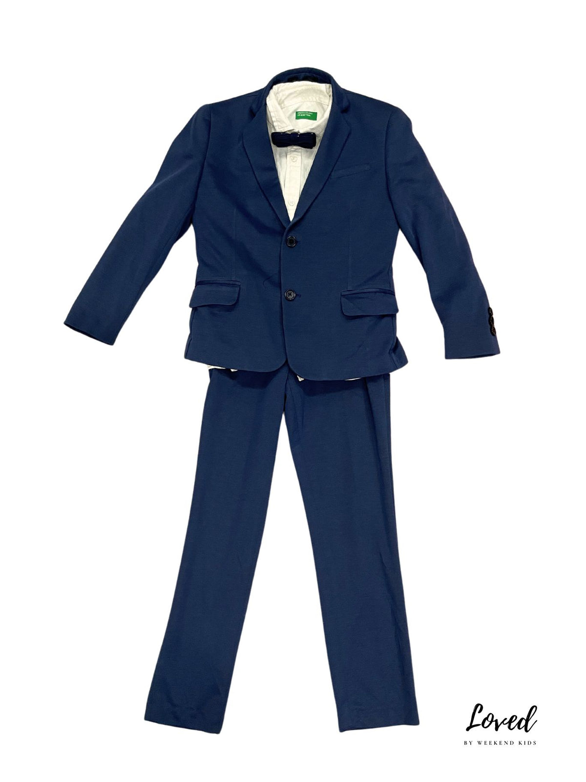 A navy blue blazer and pants suit set for kids, featuring a blazer with a notched collar, long sleeves, and decorative buttons, paired with matching pants.